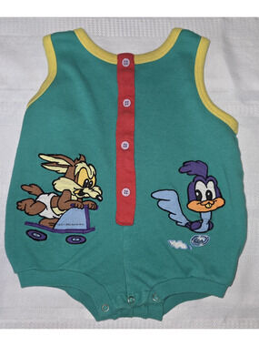 Looney Tunes Teal Green Romper Baby 3-6 Months Roadrunner Wile E Coyote **FLAW**
